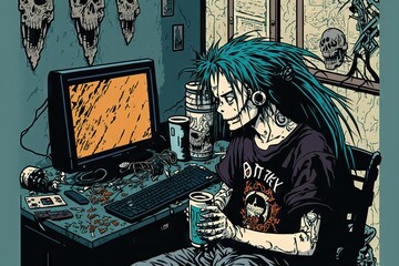 Dark Minded Teenagers from 90's on their computers on their bedroom hacking and exploring the network with no moral, looking like monster or demons sometimes, generative ai