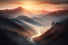 Ai Art Of A Pink And Purple Sunrise In The Smoky Mountains With A River Running Through The Valley Computer Wallpaper Background