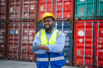 Poster - Foreman checking about shipping of container box in warehouse stock yard.