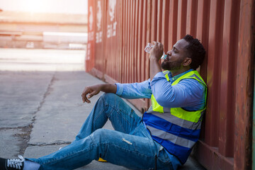 Poster - Worker sitting and thinking of something while taking a break after working at container yards.