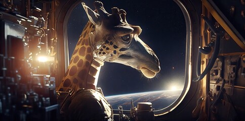 Poster - Giraffe Spaceman Out Of This World In A Spaceship Generative AI