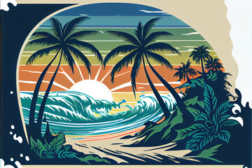 Wall Mural - Tropical beach in summer vacation graphic, fun happy and party design . Sublime Generative AI image .