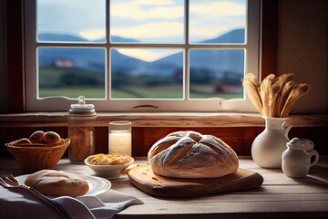 Fresh bread on the kitchen table in front of a window with a countryside panorama, healthy eating and traditional bakery concept. Genrative Ai