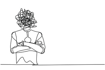 Poster - Single one line drawing robot with round scribbles instead of head, keeping arms crossed. Robot standing with folded arms pose. Technology development. Continuous line draw design vector illustration