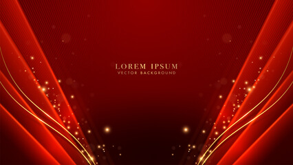 Wall Mural - Luxury gold lines curve with red oblique object, shiny dots effect and bokeh decoration on red background. Elegant style vector design