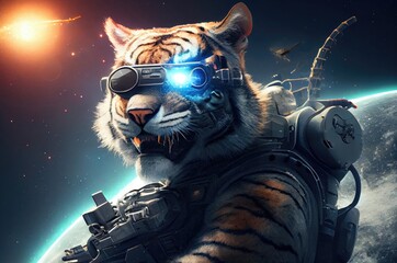 Wall Mural - Tiger Soldier Defending The Galaxy Generative AI