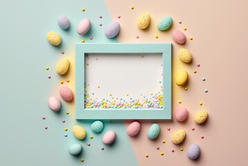 Wall Mural - colorful Easter egg spatterings arranged in a frame for a cheerful Easter card. The Easter Bunny Laid On Its Back Generative AI