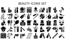 Beauty Glyph Icons Set. Contain Such As Cream, Pedicure, Hair Treatment, Cosmetic, Brush And More. Vector EPS 10 Ready Convert To SVG. Use For Modern Concept, UI Or UX Kit, Web And App.