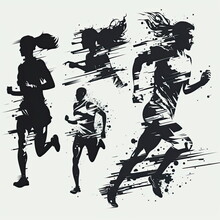 Set Of Running Men And Women, Silhouettes, Vector, White Background, Made By AI,Artificial Intelligence