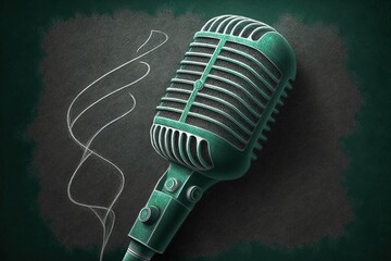 Wall Mural - Blackboard with drawn studio microphone, podcast concept, background. Generative AI