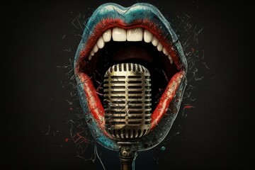 Wall Mural - Digital illustration of mouth with microphone, podcat, background. Generative AI