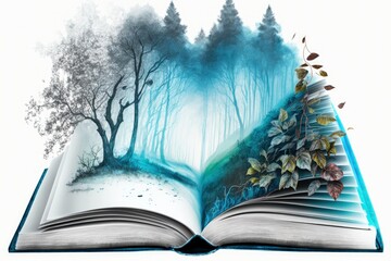 Illustration of open book with mystical forest with blue fog, white background. Generative AI