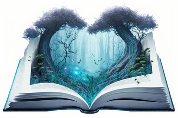 Illustration of open book with mystical forest with blue fog, white background. Generative AI