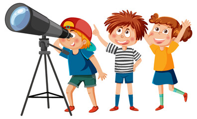 Wall Mural - kids observing the sky with a telescope