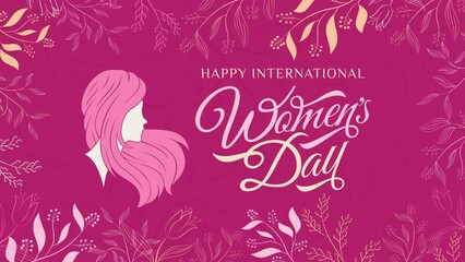 Canvas Print - Happy international women's day greeting animation text, lettering with women silhouette on pink background, for banner, social media feed, stories