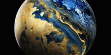 Gold And Blue Glass Globe Marble. Shiny, Flowing Stone Design. Abstract Planet, 3d World. Science Graphic Pattern Background Wallpaper.