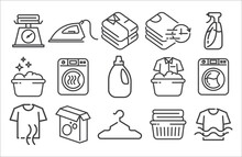 Laundry Linear Icon Set. Dryer, Washing Machine Shirt, Hand Washing, Soap, Detergent, Iron, Laundry Service Icon Set. Linear Icon Set. Vector Illustration