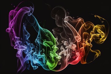 Wall Mural - Abstract image of whirling, colorful translucent smoke over a black backdrop. Generative AI