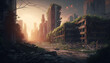 Ai artwork of a city now overgrown after the apocolypse. Generative ai.