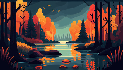 Sunset river background landscape illustration vector graphic