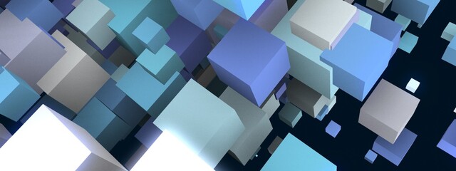 Poster - Abstract blue background of cubes. The texture of random squares, particles, rhombuses. Outer space. Banner for technology, presentations, medicine, business. 3d illustration