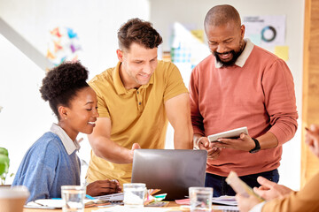 Leinwandbilder - Teamwork, meeting and business people on laptop and tablet for discussion, planning and brainstorming ideas. Creative, collaboration and workers with digital tech for marketing strategy and project