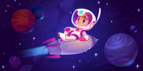 Wall Mural - cute cartoon astronaut flying on rocket in space. vector illustration of boy in cosmonaut suit lying