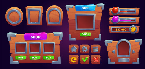 Poster - Game ui interface icons and wooden boards with metal frames. Menu buttons, progress bars, store and gift banners from brown wood panels, vector cartoon illustration