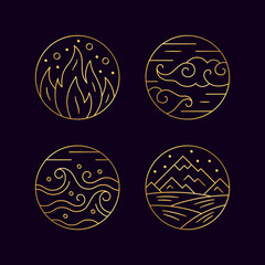 Wall Mural - Four elements of nature thin line symbols set. Water, fire, earth, air golden signs vector illustration on dark blue background