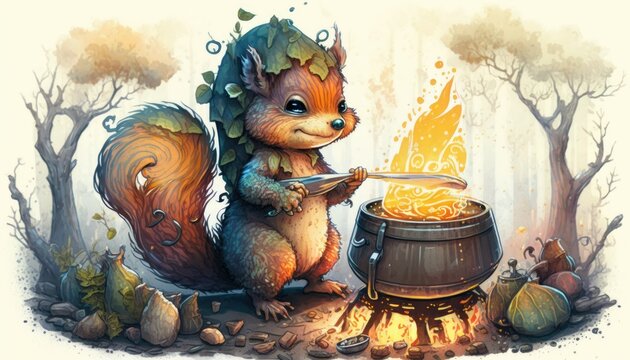 Cute little Squirrel troll preparing a meal for her forest friends, magical fairytale illustration ai art