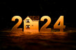© Celt Studio - Golden symbol house with year numbers 2024 on dark background. Golden real estate 2024 New Year. 3D illustration