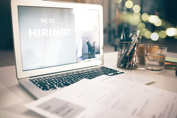 Poster - Hiring, recruitment with laptop, marketing and job advertising, opportunity and human resources with CV. Screen, call for new staff and business with pc on desk and onboarding, hr and communication