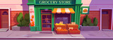 Fototapeta Panele - Grocery store front on morning city street. Vector cartoon illustration of open shop with large window and wooden door, boxes of fresh fruit and vegetables outside, sale announcement sign on facade