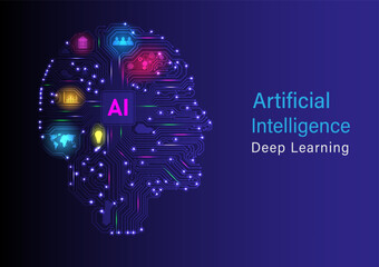 Poster - Futuristic technology learning artificial intelligence human head as electronic circuit microcomputer ai Elements and bright multi-colored lights blue gradient background