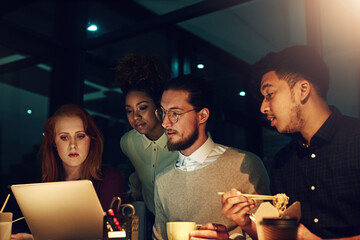 Poster - Business, late night and team with laptop and food planning ideas at workshop at startup project. Teamwork, overtime and diversity, dinner for men and women brainstorming at creative marketing agency