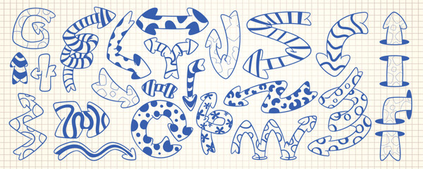 Poster - doodle set of blue quirky arrows on grid paper background. vector illustration of spiral, round, twi