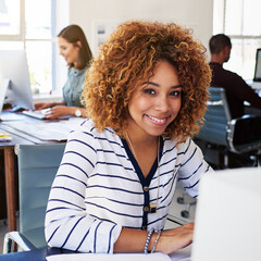 Poster - Portrait of black woman in creative agency with smile, confidence and success at design startup. Happy designer in modern office, manager or team leader working at laptop desk with digital technology