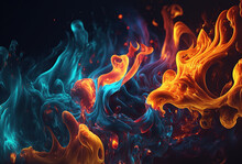 Multicolored Neon Fire On A Dark Background. Surrealistic Flames Of Red, Blue And Yellow. Fantastic Moving Pattern. 3D Render. AI Generated.