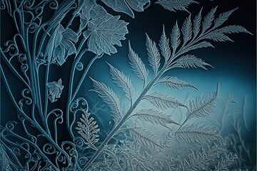 Poster - Frozen pattern on the window. Frosted glass in amazing elements. Winter crystal background texture. 3D render. AI generated.