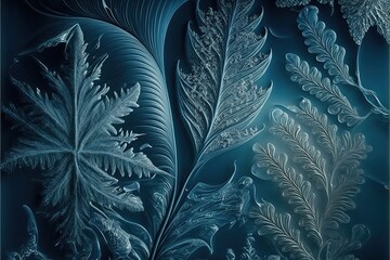 Poster - Frozen pattern on the window. Frosted glass in amazing elements. Winter crystal background texture. 3D render. AI generated.