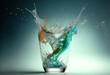 A glass with a splash of colored transparent liquid. An explosion of water droplets on an abstract gradient background. 3D rendering. AI generated.