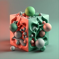Poster - Abstract composition. Simple geometric shapes. Dark colored illustration. Floral elements. 3D rendering. Generative AI.