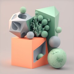 Poster - Abstract composition. Simple geometric shapes. Dark colored illustration. Floral elements. 3D rendering. Generative AI.