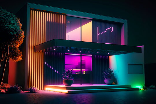 upscale modern mansion at night generative ai
