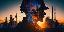 Petrochemical Oil, Gas Electricity Engineering Project Devotion With Double Exposure Design. Blue And Sunlight Color, Generation AI