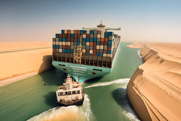 Wall Mural - Container cargo ship accident crash sandy canal. Concept Global problem with marine traffic. Generation AI