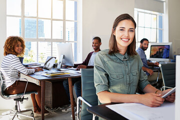 Poster - Diversity, smile and portrait of woman in creative agency with staff, tablet and success at design startup. Happy designer in office, manager or team leader working digital content marketing project