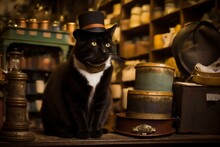 Cat Wearing A Vintage Hat Exploring An Antique Shop (AI Generated)