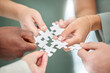 Business people, hands and diversity with puzzle piece for team building, collaboration or planning in unity. Hand of group teamwork, brainstorming or strategy for engagement, support or interaction