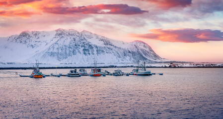 Wall Mural - Colorful winter scene of small port in Flakstadpollen bay. Stunning sunrise on Lofoten Islans, Norway, Europe. Traveling concept background.